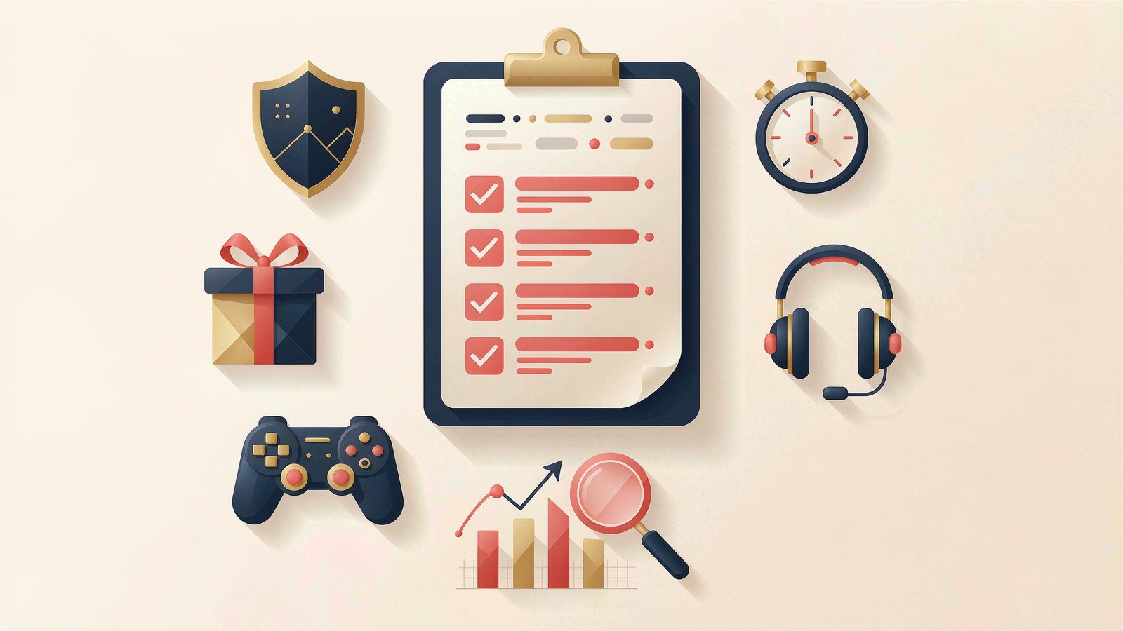 Checkliste mit den Bewertungskriterien Sicherheit, Auszahlung, Bonus, Support und Spielauswahl