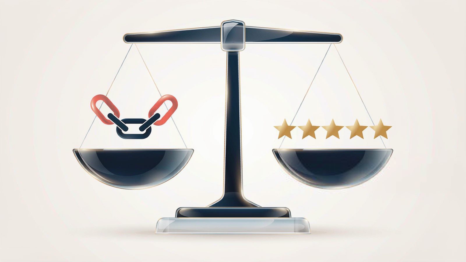 Waage mit Link-Symbol und Bewertungssternen als Symbol für Transparenz